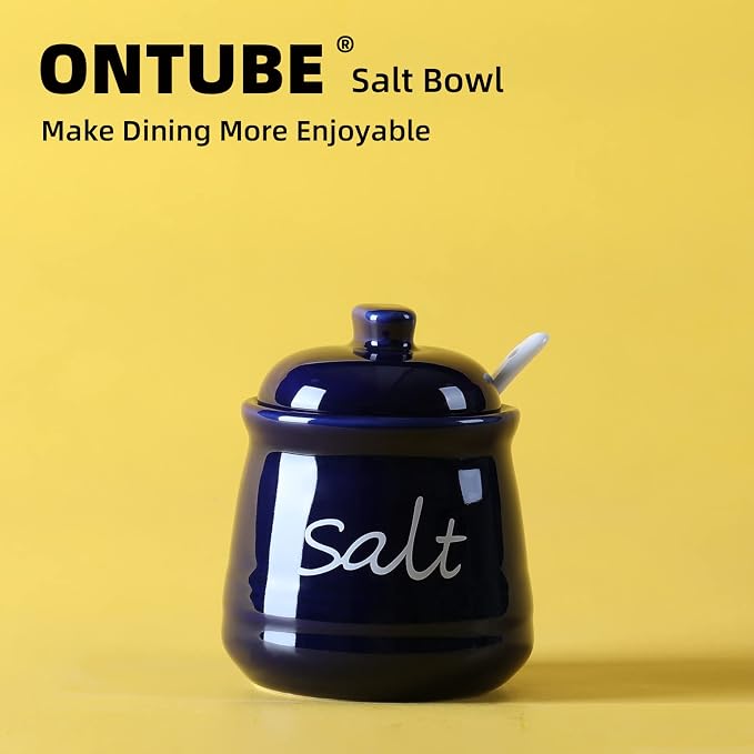 ONTUBE Ceramic Salt Bowl with Lid and Spoon 12oz White - Image 6