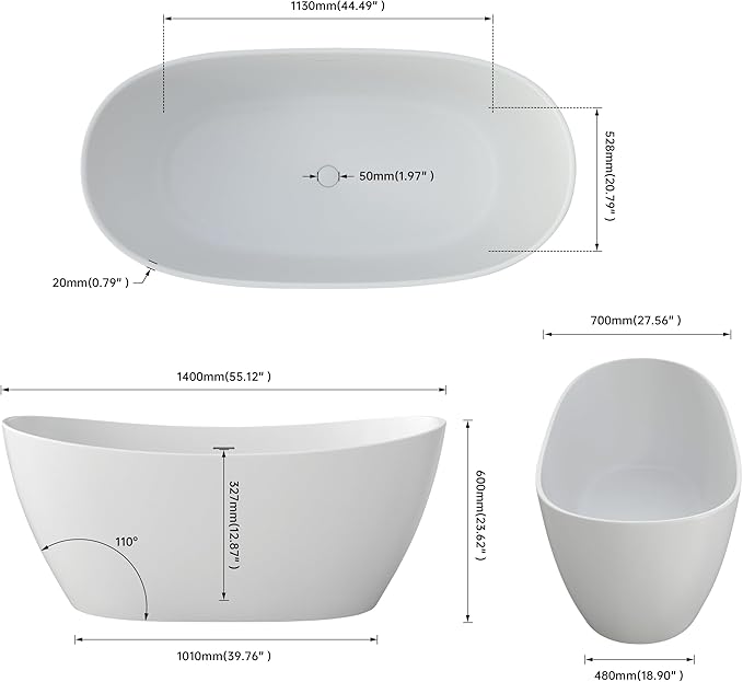 55'' High-back Freestanding Solid Surface Resin Stone Bathtub, Freestanding Tub - Image 3
