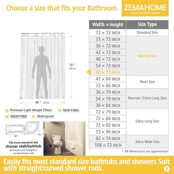 Narrow Size Clear Plastic Shower Curtain Liner, 60x72 Inch Thin Lightweight - Image 2
