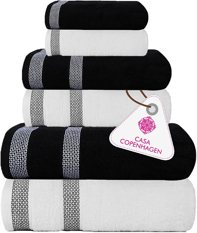 CASA COPENHAGEN Solitaire Mix 6 Pieces Towel Set- White + Black, 600 GSM 2Bath by CASACOPENHAGEN