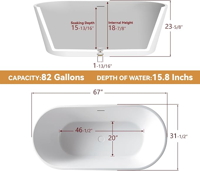 67" Free Standing Tub, Pure Acrylic Freestanding Bathtub, Stylish Stand Alone - Image 7