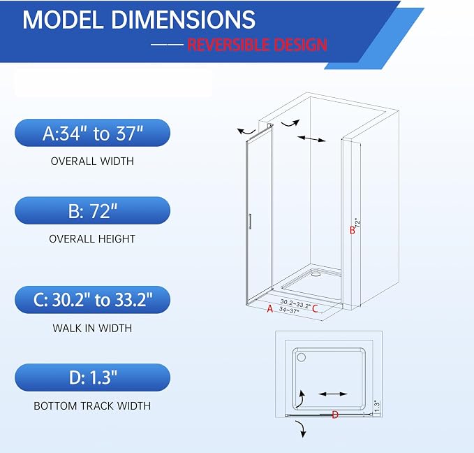 34-37" W x 72" H Pivot Swing Glass Shower Doors, 180° Rotating Retractable - Image 2
