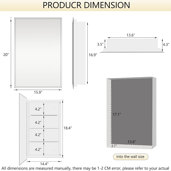 Bathroom Medicine Cabinet with 16x20 in Rectangular Beveled Frameless Mirror - Image 2