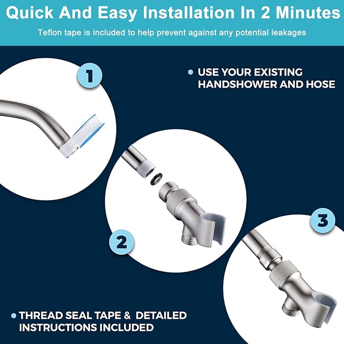 Shower Head Holder All Metal Adjustable Handheld Shower Arm Mount, 1/2" Shower - Image 3