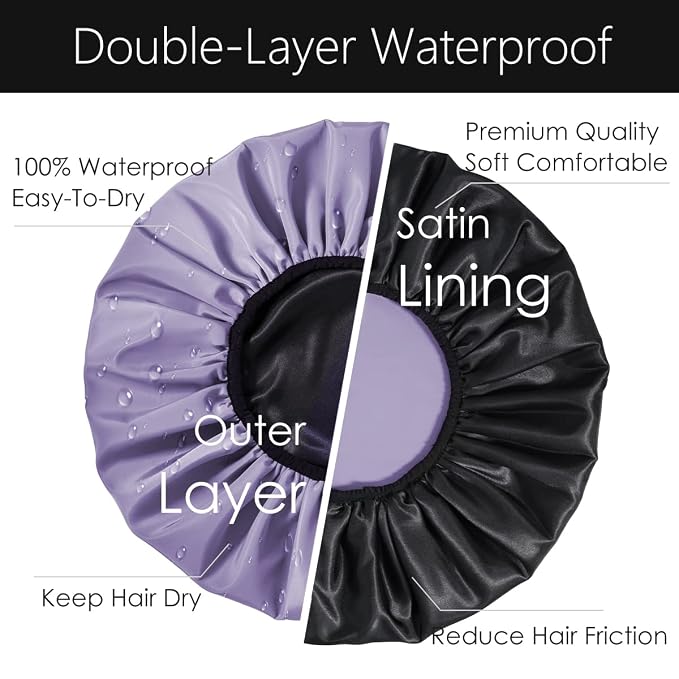 Auban Extra Large Shower Cap, Double-Layer Waterproof Reusable Satin Lining - Image 5