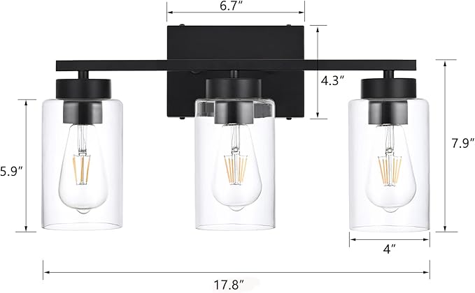 3-Light Bathroom Vanity Light, Modern Black Wall Lights - Image 2