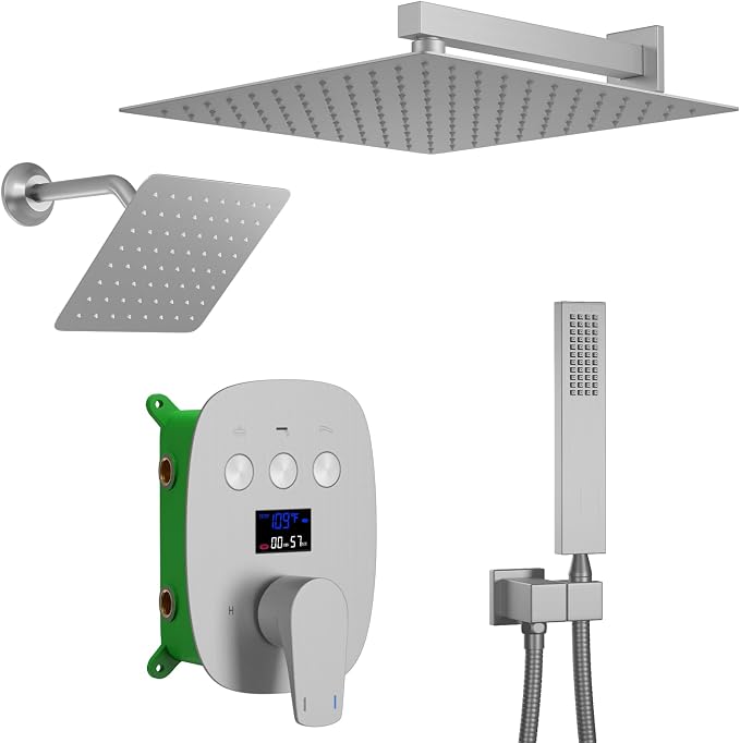 Brushed Nickel Shower System Set Temperature Display Push Button Shower Faucet by KATAIS