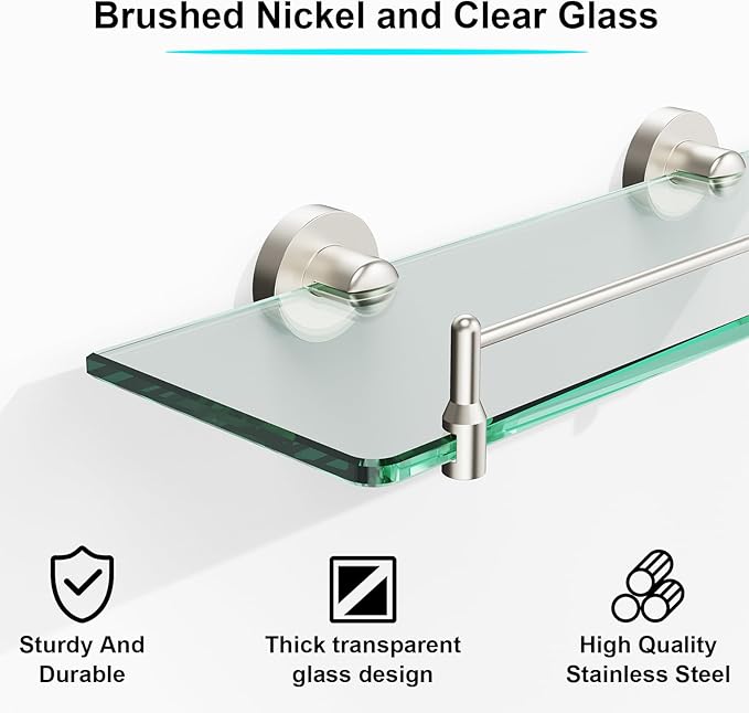 Glass Bathroom Shelves, Brushed Nickel Floating Shelves - Image 4