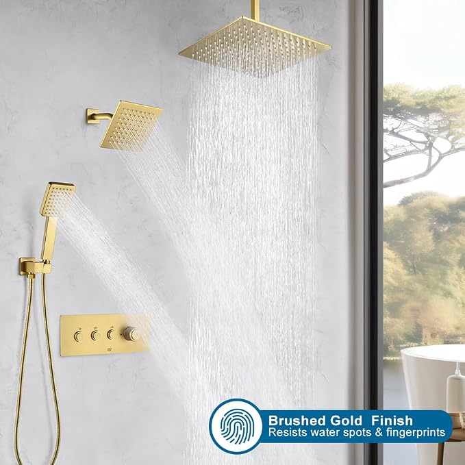 POP SANITARYWARE Brushed Gold Shower Faucet Set, Push Button Diverter Shower - Image 2