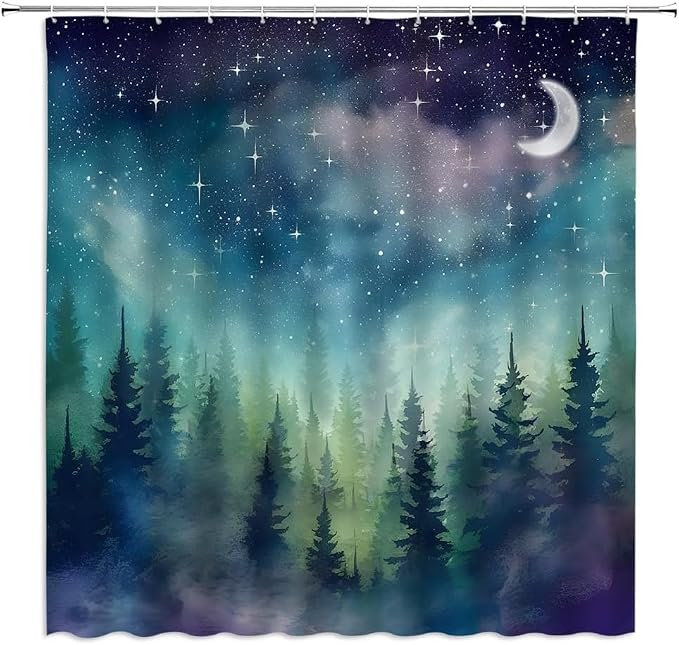 Forest Moon Shower Curtain Watercolor Misty Forest Fantasy Starry Sky Galaxy by ZWSMZW