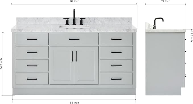 ARIEL 67" Grey Bathroom Vanity, 1.5" Edge Italian Carrara Marble Countertop & - Image 2