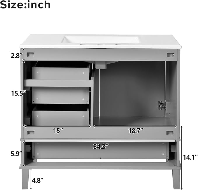 36" Bathroom Vanity with Solid Pine Frame, 1 Soft Close Door and 3 Drawers - Image 8