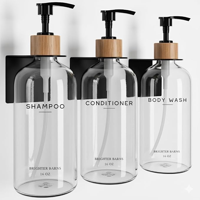 Clear Shampoo and Conditioner Dispenser Set Wall Mounted by Brighter Barns by BrighterBarns