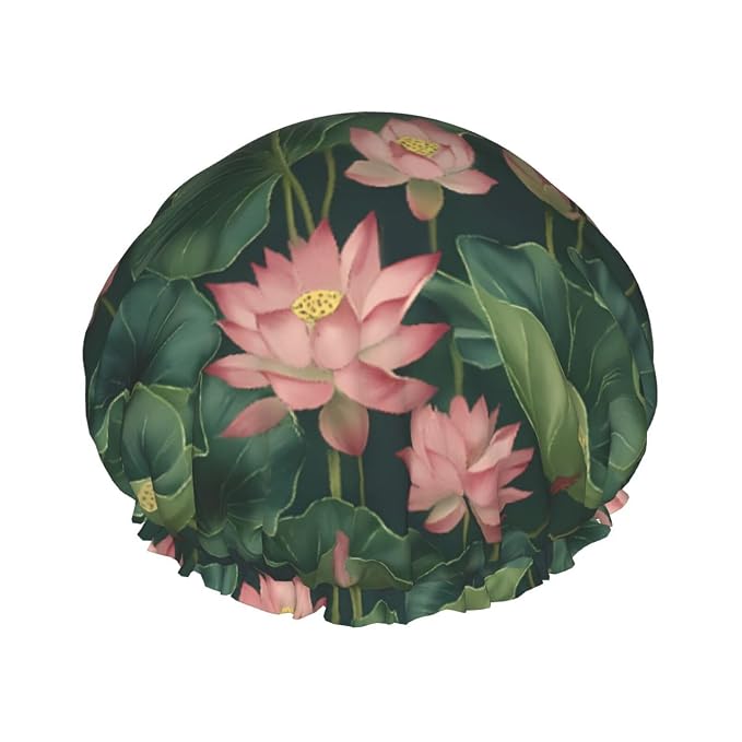 Elegant Lotus and Leaves Shower Cap by ZEYARUIBO