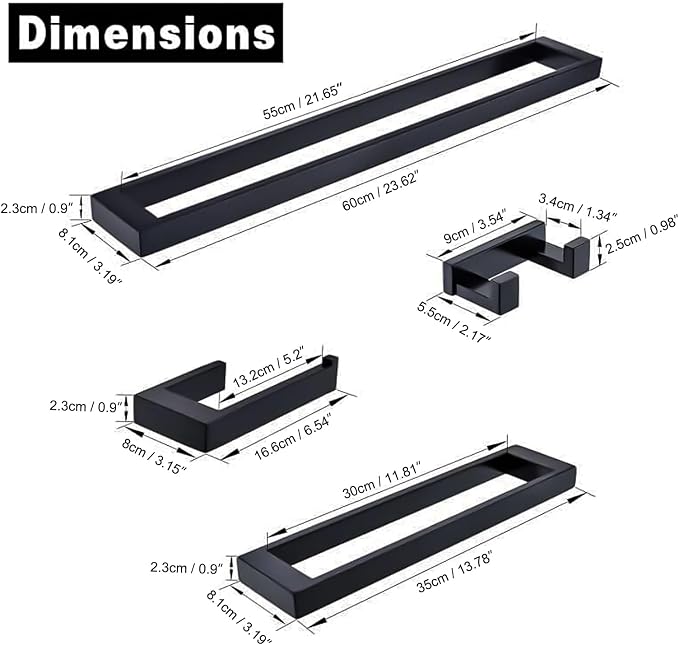 Lairuier Bathroom Hardware Accessories Set Matte Black 4-Piece Towel Bar Set - Image 6