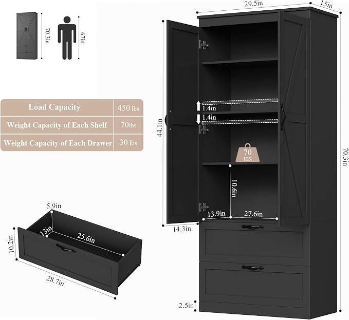 HOSTACK 70" Tall Kitchen Pantry Storage, Barn Doors Pantry Cabinet - Image 3