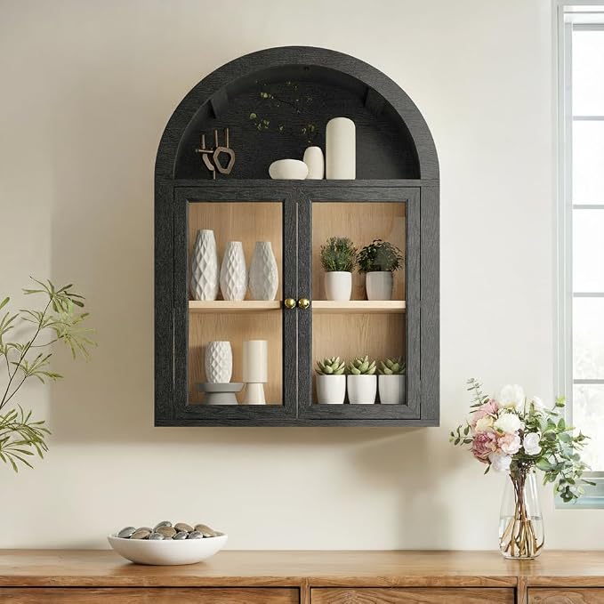 Black Arched Wall Cabinet, Glass Display Wall Mounted Cabinet - Image 5
