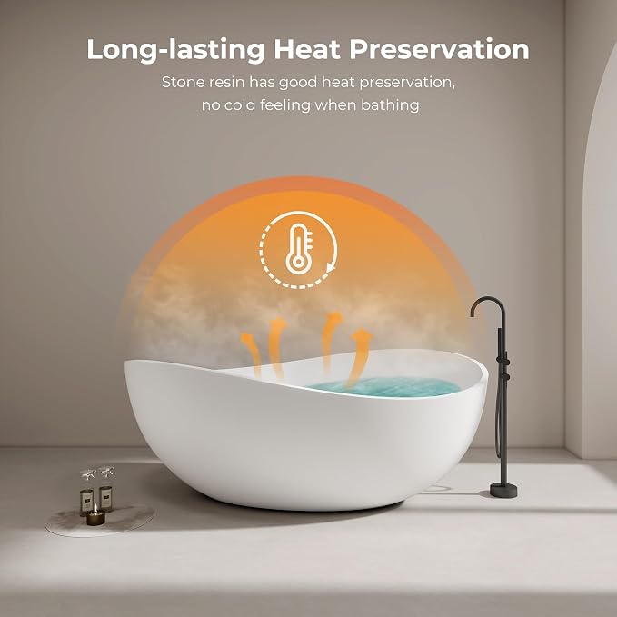 Premium Upgraded 63" Solid Surface Freestanding Bathtub, Unique Oval Stone - Image 8
