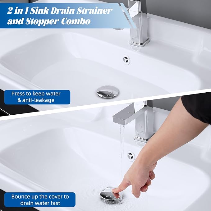 Hibbent All Metal 2 in 1 Bathroom Sink Stopper, Universal Pop Up Drain Strainer - Image 3