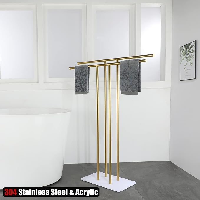 JQK Bath Towel Holder Stand Brushed Gold, 30 Inch Free Standing Double Towel - Image 4