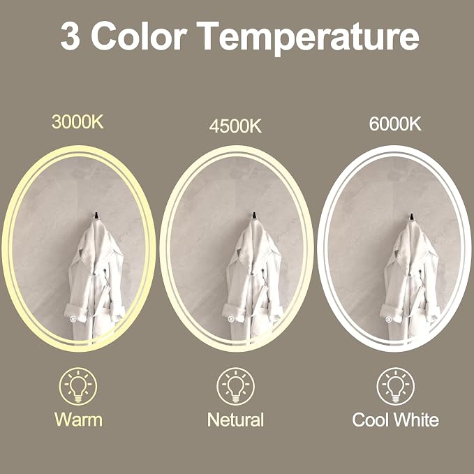 32 x 24 inch Oval LED Bathroom Mirror Anti-Fog 3 Colors Light Dimmable Wall - Image 2
