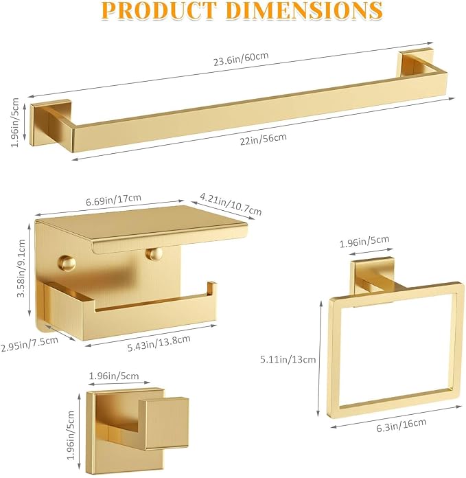Brushed Gold Towel Bar Set 5 Pieces Bathroom Hardware Accessories Set, Upgraded - Image 6