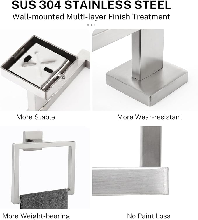 2-Piece Brushed Nickel Square Towel Ring, Modern Hand Towel Holder - Image 3