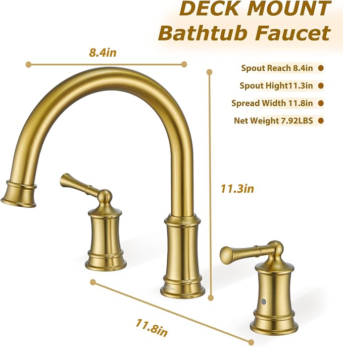 Brushed Gold Roman Tub Faucet, Antique Bathtub Faucet Set 3 Hole, High Flow - Image 5