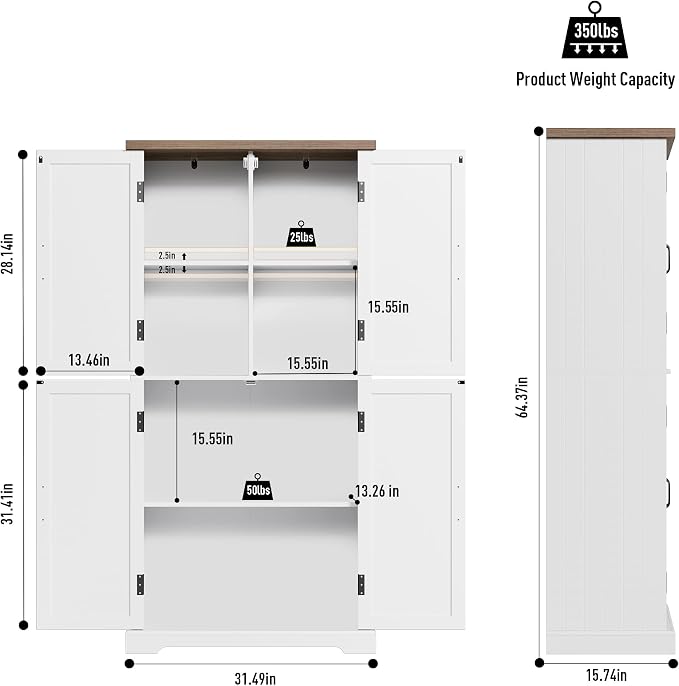 HOSTACK 64" Tall Pantry Cabinet, Modern Farmhouse Kitchen Pantry, Wood Bathroom - Image 3