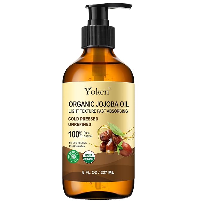 Organic Jojoba Oil Glass Bottle 8 fl oz, USDA Certified 100% Pure & Natural by Yoken