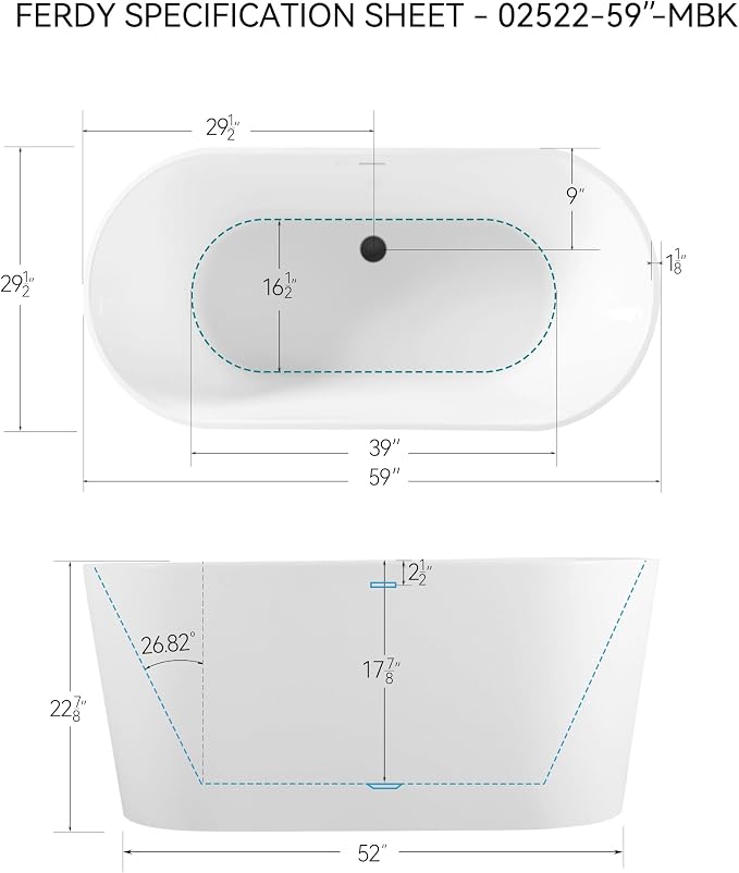 FerdY Shangri-La 59" Acrylic Freestanding Bathtub, Gracefully Shaped Soaking - Image 7