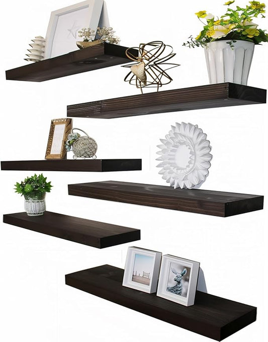 Brown Wood Floating Shelves for Wall Rustic Wall Shelves for Bedroom Set of 6 by Unknown