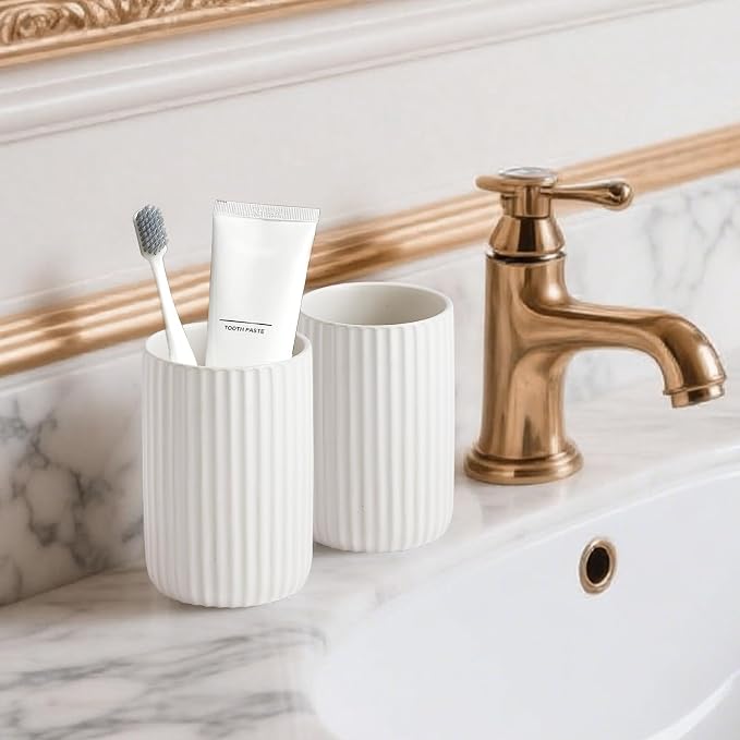 Toothbrush Holders for Bathrooms, Ceramic Tooth Brush Holder Set, Ribbed - Image 3