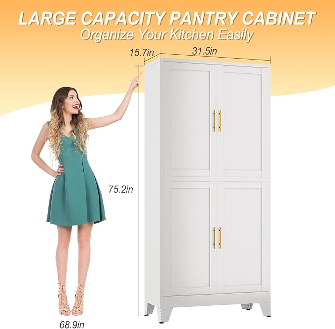 75" Tall Metal Kitchen Pantry Storage Cabinet, Freestanding Cupboard - Image 3