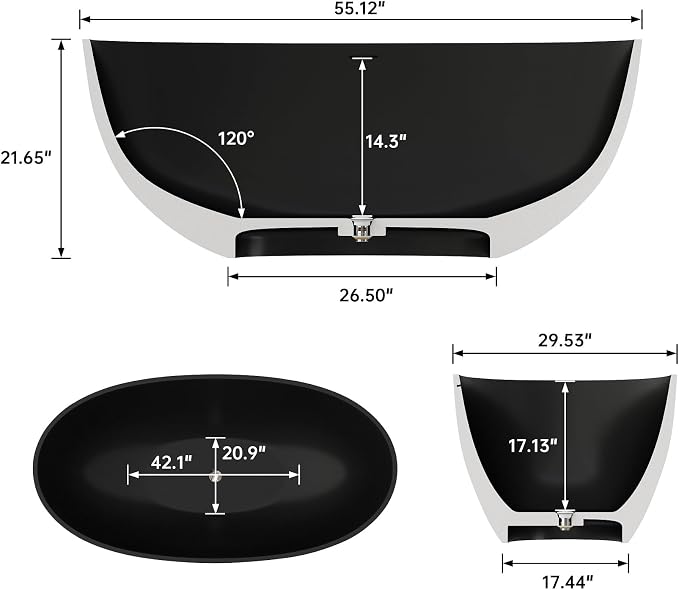 55" Premium Solid Surface Freestanding Bathtub, Upgraded Oval Stone Resin Tub - Image 4