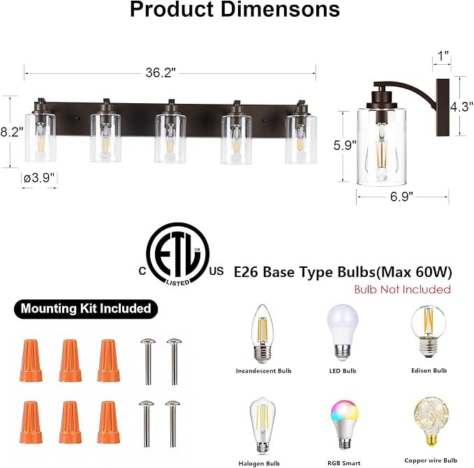 5-Light Bathroom Light Fixtures Modern ORB Vanity Lights - Image 2