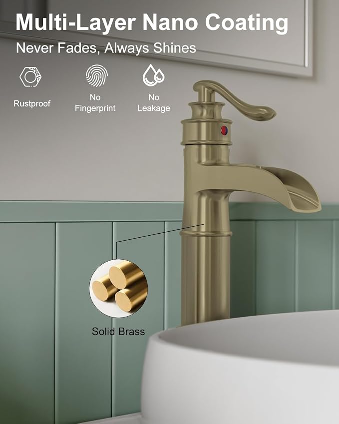 BWE Vessel Sink Faucet Brushed Gold Waterfall Bathroom Sink Faucet Single - Image 6