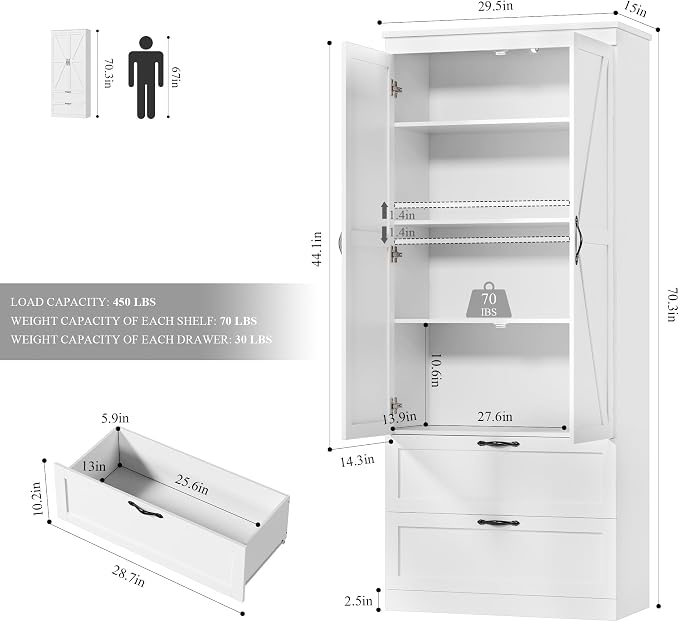 HOSTACK 70" Tall Kitchen Pantry Storage, Barn Doors Pantry Cabinet - Image 3