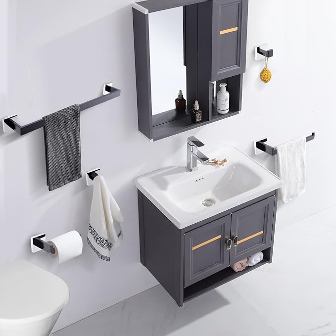 TURS 5-Piece Bathroom Hardware Set Matte Black and Polished Chrome Towel Bar - Image 6