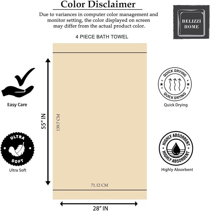 Belizzi Home Ultra Soft 4 Pack Oversized Bath Towel Set 27x54 inches, 100% - Image 6