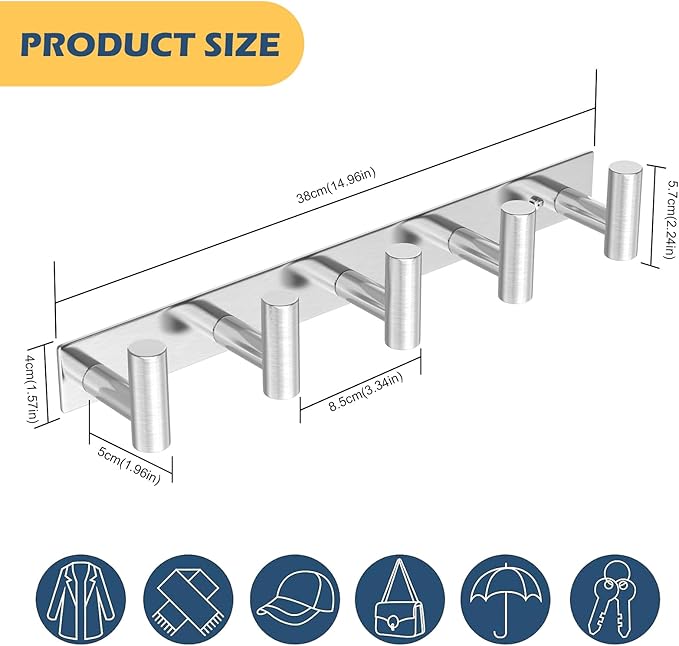 HUFEEOH Silver Coat Hooks Wall Mount, T Shaped 5 Hooks Stainless Steel Wall - Image 2
