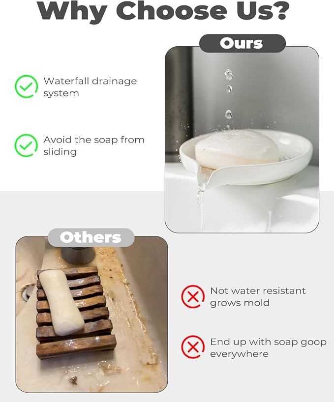Self Draining Soap Dish, Ceramic Drain Soap Holder Waterfall Design Soap Saver - Image 5