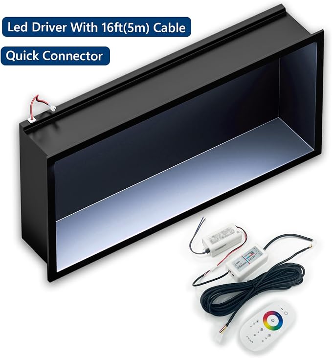 RGB LED Light Shower Niche, Matte Black 36X12 in Stainless Steel Wall Niche - Image 5
