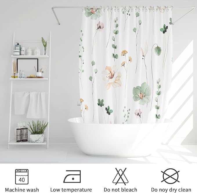 Gibelle Watercolor Floral Shower Curtain, Sage Green Beige Flower Shower Curtain - Image 6