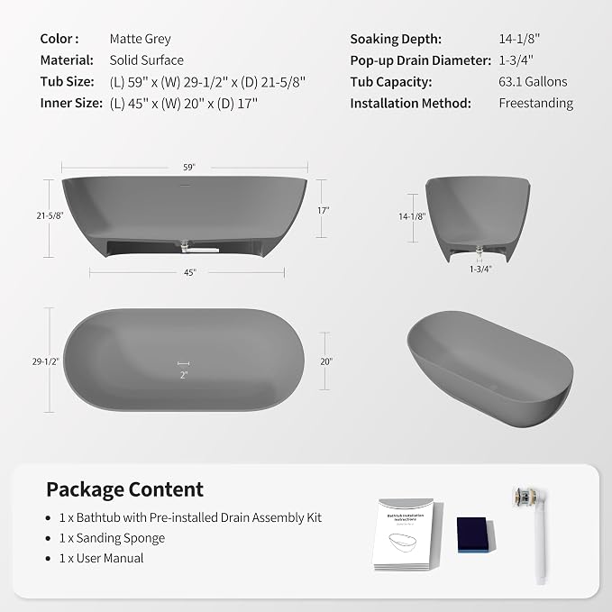 Abruzzo 59" Freestanding Bathtub Matte Grey - Image 4
