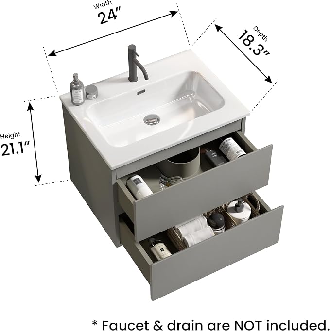 24" Bathroom Vanity with Sink, Modern Floating Vanity with Double Soft Closing - Image 2