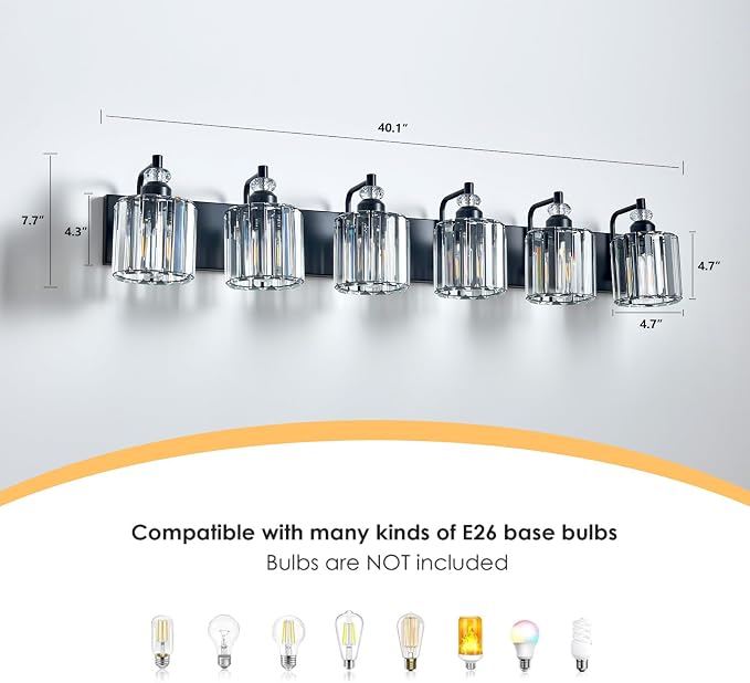 6-Light Black Bathroom Light Fixtures Over Mirror Modern Vanity Lights Crystal - Image 3