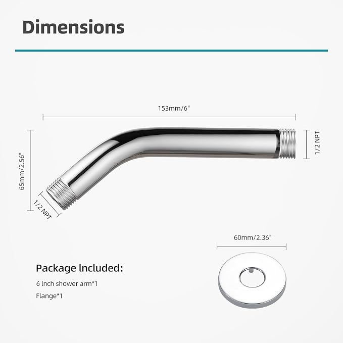 Cobbe Shower Arm with Flange and Teflon Tape, 6-Inches Wall Mounted Shower Pipe - Image 5