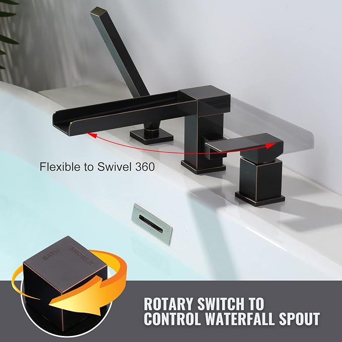 Waterfall Roman Tub Filler Faucet, Deck Mount Bathtub Filler - Image 2