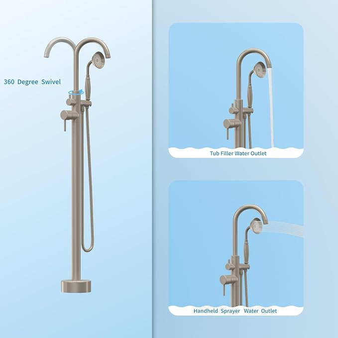 Freestanding Tub Filler Brushed Nickel Floor Mount Bathtub Faucet Bathroom - Image 3
